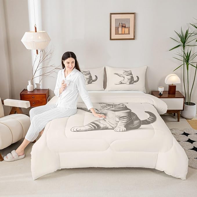 Erosebridal Cat Comforter Set Queen Size Sketch Animal Bedding Set for Kids Boys Girls Kawaii Kitten 3D Cute Beige Black Comforter Warm Soft Quilt Insert