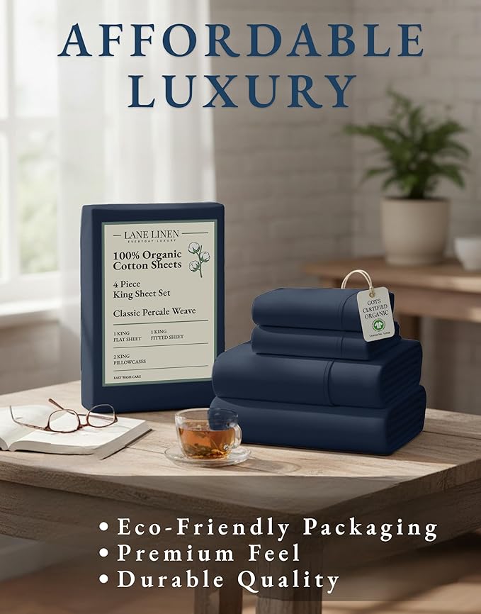 LANE LINEN 100% Organic Cotton Fully Elasticized King Sheet Set, Low Pilling Fade Resistant Machine Washable Naturally Cooling King Bedding Set, Soft & Comfy Cotton Sheets - Navy