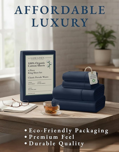 LANE LINEN 100% Organic Cotton Fully Elasticized King Sheet Set, Low Pilling Fade Resistant Machine Washable Naturally Cooling King Bedding Set, Soft & Comfy Cotton Sheets - Navy