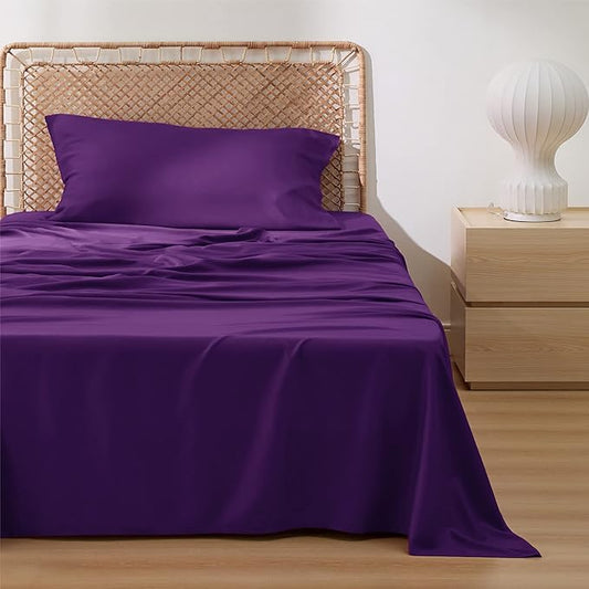 Bedsure Cooling Sheets Twin, Rayon Derived from Bamboo, PureWoven, Breathable & Soft Twin Sheets Set, Deep Pocket Up to 16 Inches, Hotel Luxury Silky Bedding for Hot Sleepers, Plum