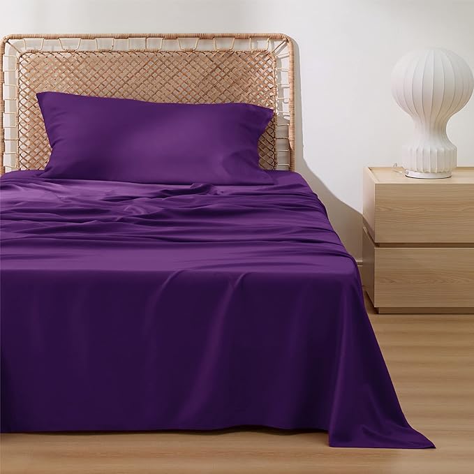 Bedsure Cooling Sheets Twin XL, Rayon Derived from Bamboo, PureWoven, Breathable & Soft Twin XL Sheet Sets, Deep Pocket Up to 16 Inches, Hotel Luxury Silky Dorm Bedding for Hot Sleepers, Plum