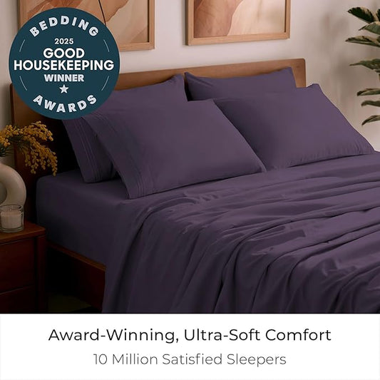 Mellanni Full Sheet Set - 6-Piece Iconic Collection Bedding, (Including 4 Pillowcases), 16-Inch Deep Pocket, Easy Care, Extra Soft, Cooling Sheets, Brushed Microfiber - Purple