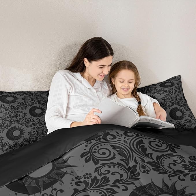 Feelyou Adults Gothic Comforter Set Toddler Size Dark Olive Green Damask Bedding Set for Kids Boys Girls Sun and Moon Duvet Quilt Bedroom Decor Microfiber 2 Pcs with 1 Pillow Cases