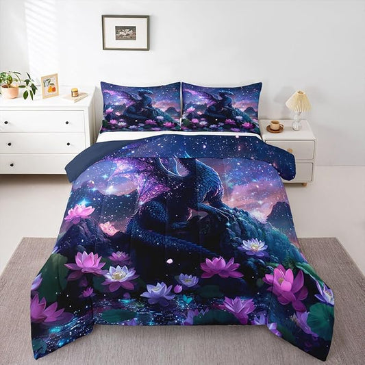 Feelyou Dragon Kids Comforter Set Twin Size Dragon Stuff Bedding Set Wild Life Duvet Quilt for Kids Boys Girls Bedroom Magic Wildlife Decor Blue Purply Ultra Soft Breathable
