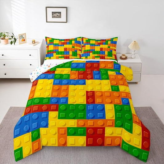 Feelyou Games Comforter Set Twin Size Building Blocks Bedding Set for Kids Boys Girls Colorful Geometric Toy Brick Comforter Gaming Nursery Quilt Duvet Set with 1 Pillowcase Boys