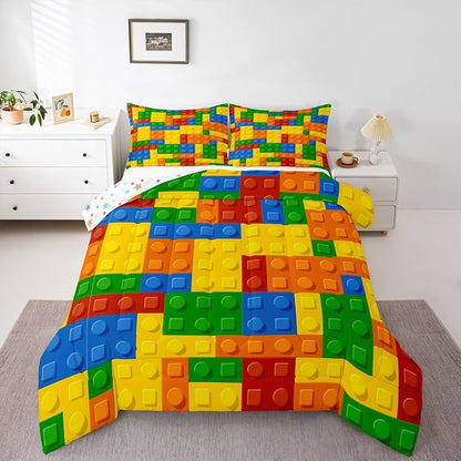 Feelyou Games Comforter Set King Building Blocks Bedding Set for Kids Boys Girls Colorful Geometric Toy Brick Comforter Gaming Nursery Quilt Duvet Set with 2 Pillowcase Boys