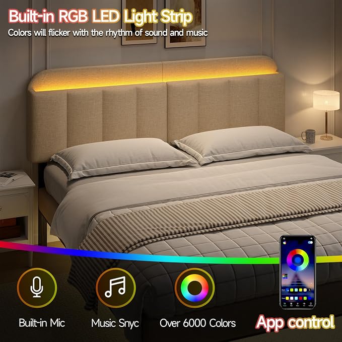 King Size Adjustable Headboard, Upholstered Headboard with Storage, APP Controlled LED Light, Padded Head Board Only, Sturdy Metal Foot Frame, Vertical Channel Design for Bedroom, Beige