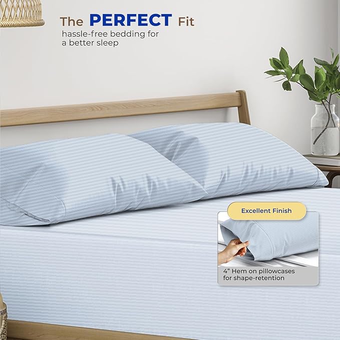 Thread Spread 100% Egyptian Cotton Pillow Cases Queen Size Set of 2 - Luxury 600 Series Bliss Collection Queen Pillow Cases (Light Blue Stripe), Soft Cooling Hotel Cotton Pillowcases, Sateen Finish