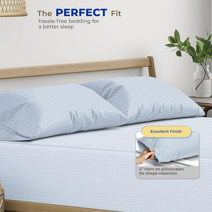 Thread Spread 100% Egyptian Cotton King Size Pillow Cases Set of 2 - Luxury 600 Series Bliss Collection Pillow Cases King Size (Light Blue Stripe), Soft Cooling Hotel Cotton Pillowcases