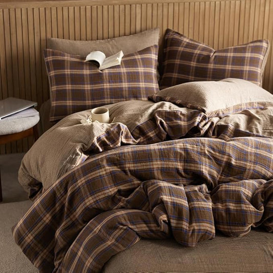 EAVD Vintage Gingham Comforter Set King Brown Blue Red Grid Checked Bedding Set Soft 100% Muslin Cotton Retro Brown Plaid Comforter Set with 2 Pillowcases Farmhouse Plaid Bedding Set for All-Season
