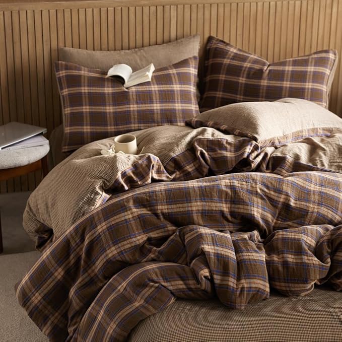 EAVD Vintage Gingham Comforter Set Queen Brown Blue Red Grid Checked Bedding Set Soft 100% Muslin Cotton Retro Brown Plaid Comforter Set with 2 Pillowcases Farmhouse Plaid Bedding Set for All-Season