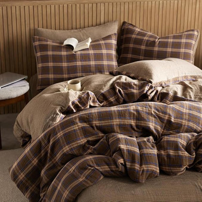 EAVD Vintage Gingham Comforter Set Queen Brown Blue Red Grid Checked Bedding Set Soft 100% Muslin Cotton Retro Brown Plaid Comforter Set with 2 Pillowcases Farmhouse Plaid Bedding Set for All-Season