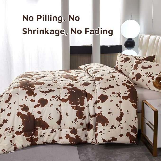PERFEMET Cow Print Full Size Bedding Comforter Sets - 3 Pieces Brown and Beige Kids Comforter, Farmhouse Western Style Bed Set for Kids Teens Boys Girls (Beige,Full)