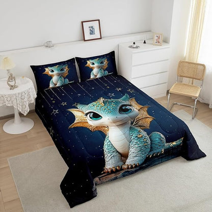 Feelyou Dragon Comforter Set Toddler Size Dragon Stuff Comforter for Boys Girls Teens Wild Life Bedding Set Dragon Decor Duvet Set Room Decor Navy Blue Quilt Set