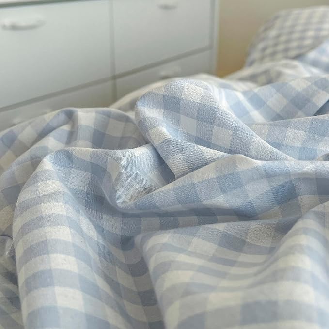 Blue Gingham Duvet Cover Twin Washed Cotton Boho Comforter Cover Twin Cute Soft Plaid Chic Duvet Cover Set with Hidden Zipper Coquette Farmhouse Bedding Set Aesthetic Duvet Protector