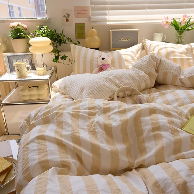 Salmon Pink Striped Duvet Covers Twin Hotel Pattern Twin Comforter Cover Boho Cute Dorm Cozy Duvet Cover Set with 2 Pillow Cases Neutral Teen Girl Bedding Set Washed Microfiber Duvet Protector