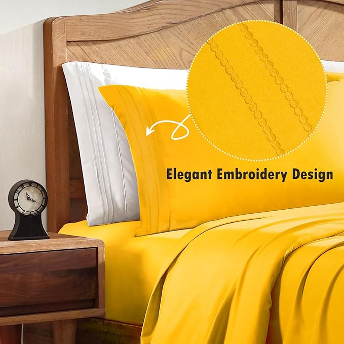 ClevaHome King Sheet Set, 4-Piece King Size Sheet Sets, Lightweight & Super Soft Easy Care Microfiber– Shrinkage & Fade Resistant Bedding Set with 14'' Deep Pockets (Mustard)