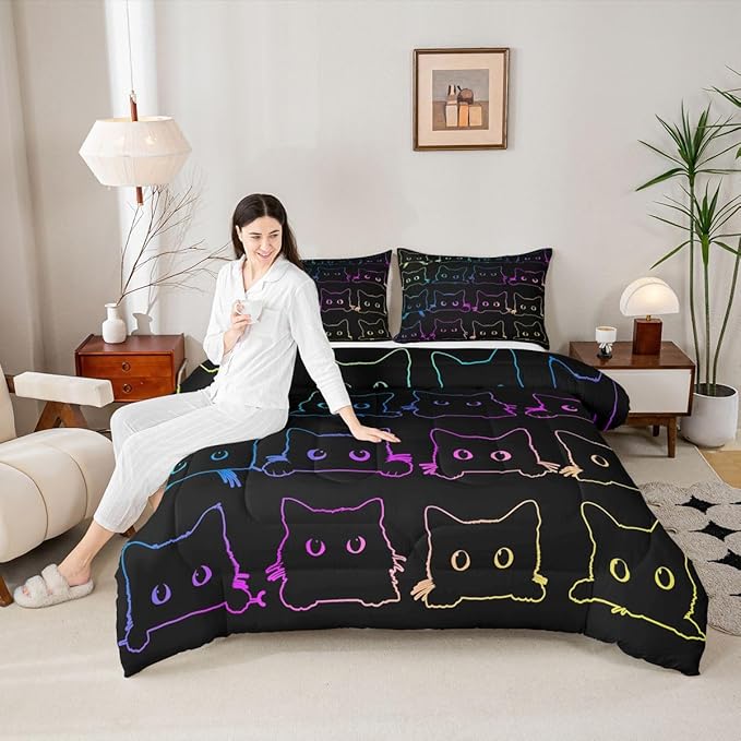 Cute Cats Bedding Set King Kawaii Cat Pet Comforter Set Colorful Neon Ombre Kawaii Animal Line Down Comforter Lovely Cat Lovers Room Decor Lightweight Duvet Set For Teens Children Boy Girl