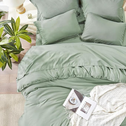 Andency Oversized King Comforter Set Sage Green 120x98-7 Pieces Boho Tassel Bed in a Bag Soft Lightweight Bedding Sets, Fringe All Season Bed Set with Comforter, Sheets, Pillowcases & Shams