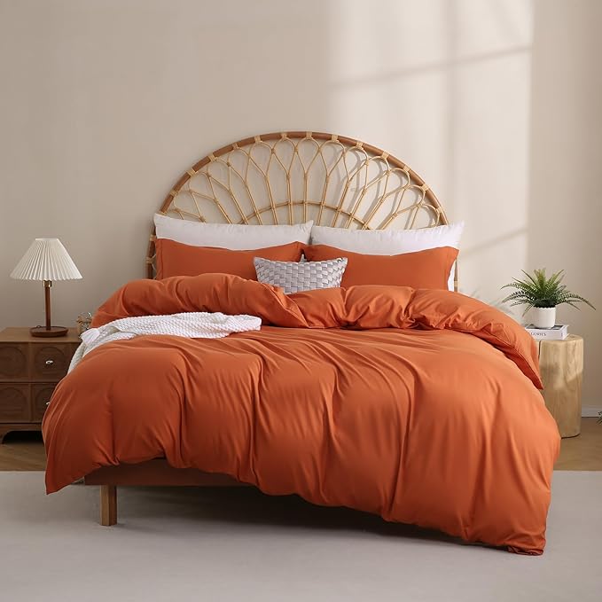 JSD Burnt Orange Duvet Cover Set King Size, 3 Piece Duvet Cover with Pillow Shams, Soft Brushed Microfiber Zipper Closure, Comforter Not Included
