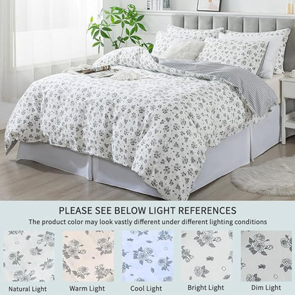 FADFAY Floral Duvet Cover Set Twin XL - 100% Cotton College Comforter Cover Set with Hidden Zipper - Grey Rose Flower Pattern - Soft Breathable Farmhouse Bedding for Dorm Room, School - 3 Pcs