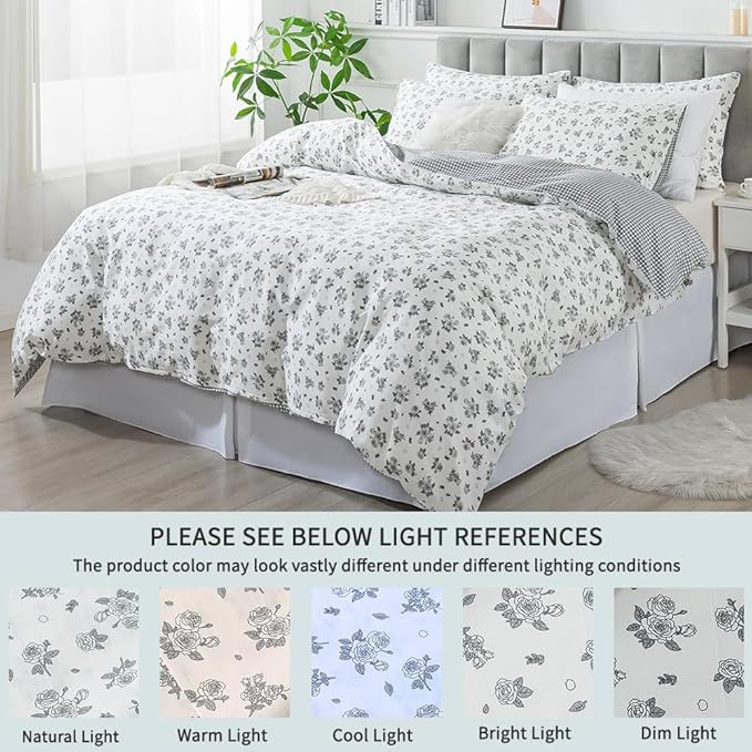 FADFAY Floral Duvet Cover Set King/Cal King Size 100% Cotton Grey White Flower Comforter Cover Soft Breathable Girls Bed Cover Farmhouse Bedding with Hidden Zipper 3 Pcs, King/Cal King