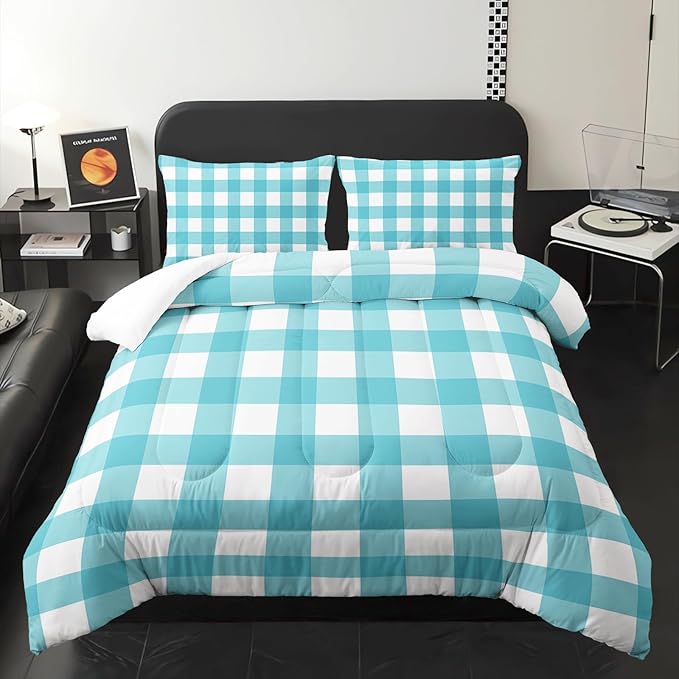 3Pcs Gingham Bedding for Girls,Geometric Patchwork Comforter Set for Boys Girls Kids,Teal Plaid Checkered Comforter for Kids,Twin Size Vintage Farmhouse Bedding Set 1 Quilt 2 Pillowshams