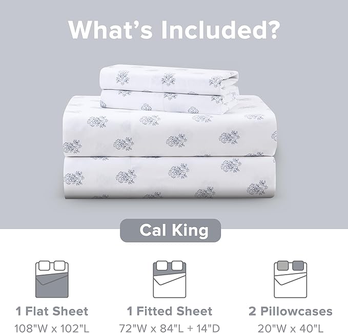 Comfort Spaces 100% Cotton Sheets Cal King, Breathable, Naturally Cool Cotton Sheets, Soft Cotton Bed Sheets with 14" Elastic Pocket Fits up to 16" Mattress, All Seasons Sheet Set, Floral Blue 4 Piece