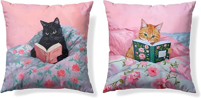 Funny Cat Reader Book Pillow Cover 18 x 18 Set of 2, Reading Nook Corner Decor, Preppy Floral Black Orange Tabby Tuxedo Cats Bookish Pillowcase, Gifts for Book Lovers