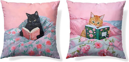 Funny Cat Reader Book Pillow Cover 18 x 18 Set of 2, Reading Nook Corner Decor, Preppy Floral Black Orange Tabby Tuxedo Cats Bookish Pillowcase, Gifts for Book Lovers