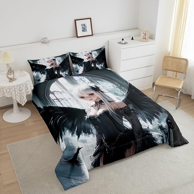 Erosebridal Anime Girl Bedding Set Full Size, Kawaii Japanese Anime Comforter for Kids Boys Teens Adult, Cartoon Girl Quilt Japan Animation Bedroom Decor, Machine Washable, Black White