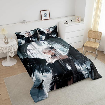 Erosebridal Anime Girl Bedding Set Twin Size, Kawaii Japanese Anime Comforter for Kids Boys Teens Adult, Cartoon Girl Quilt Japan Animation Bedroom Decor, Machine Washable, Black White