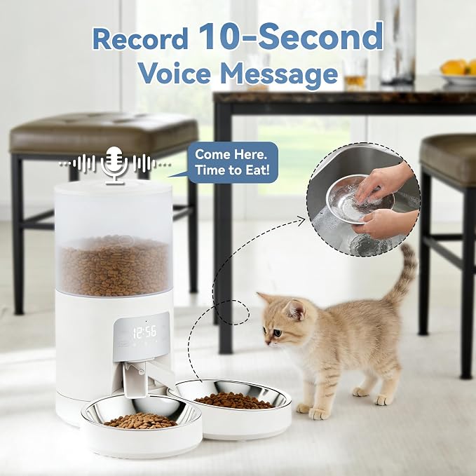 Sweetcrispy Automatic Cat Feeder, 4L Cat Food Dispenser with APP, White | 2.4G WiFi, Applicable for Dry Food, 16.9 Cups, 10 Meals/Day, 50 Portions/Meal, 10s Voice Recorder, Dual Power Supply