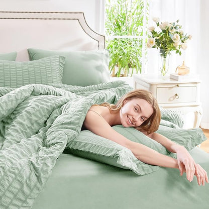 CozyLux Full Size Comforter Sets with Sheets 7 Pieces, Sage Green Seersucker Bed in a Bag Textured Luxury Soft Bedding Sets with Down Alternative Comforter, Sheets, Pillowcases & Shams for All Seasons