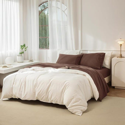 JIYUAN King Size Sheet Set, 4-Piece - 100% Washed Cotton, Linen-Like Soft & Breathable, Includes Deep Pocket Fitted & Flat Sheet with 2 Pillowcases, Hotel Quality, Solid Chocolate Brown