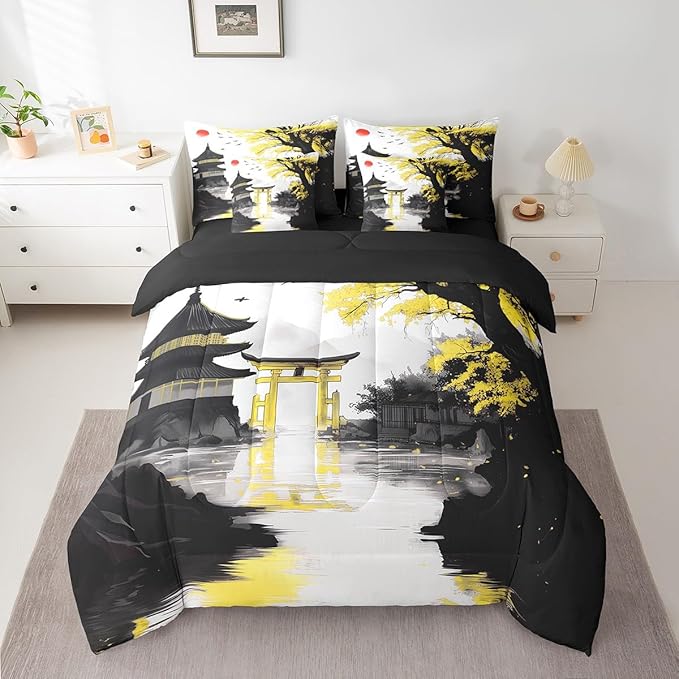Erosebridal Japanese King Bed in A Bag with Sheets Sun Cherry Blossom Comforter Set 7 Piece Black Gold Pavilions Mountain Floral Bedding Set for Kids Adults Chinese Ink Anime Sheet Set