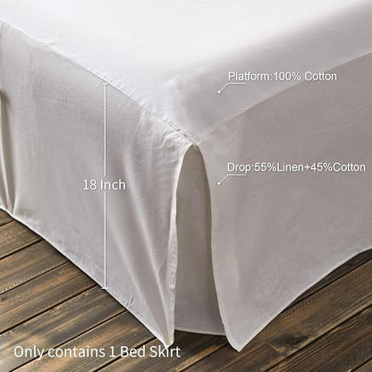 BISELINA French Linen Bed Skirt Split Corner with Button 18-Inch Tailored Drop Natural Flax Cotton Blend Basic Dust Ruffle Soft Cozy (18" Queen,Button White)