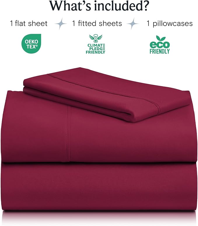 LuxClub 3 PC Sheet Bed Sheets Deep Pockets 18" Eco Friendly Wrinkle Free-Kids-Fitted Sheets Machine Washable Hotel Bedding Silky Soft - Burgundy Twin