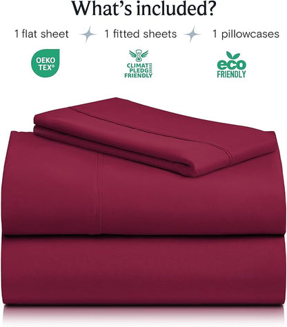 LuxClub 3 PC Sheet Bed Sheets Deep Pockets 18" Eco Friendly Wrinkle Free-Kids-Fitted Sheets Machine Washable Hotel Bedding Silky Soft - Burgundy Twin