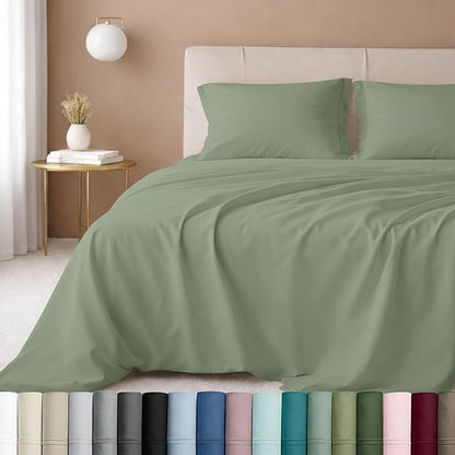 California Design Den Natural 100% Cotton Bed Sheets Twin Size Set - Luxury 600 Thread Count Sateen, Fully Elasticized Deep Pocket Sheet Set, Cool and Durable Hotel Quality Bedding - Laurel Green