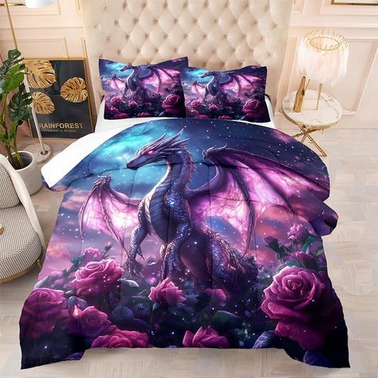 Boys Kids Dragon Comforter Set Queen Size Purple Rose Bedding Set 3 Pieces Modern Science Fiction Theme Bedding Soft Lightweight Comforter for All Season,2 Pillowcases