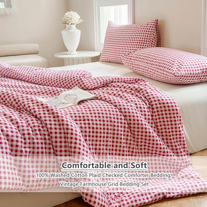 NSNLGSGC Red Gingham Cotton Comforter Set Twin, 100% Washed Cotton Plaid Checked Comforter Bedding, 2 Pieces Vintage Farmhouse Grid Bedding Set(Red Gingham, Twin)