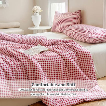 NSNLGSGC Red Gingham Cotton Comforter Set King, 100% Washed Cotton Red Plaid Checked Comforter Bedding, 3 Pieces Vintage Farmhouse Grid Bedding Set(Red Gingham, King)