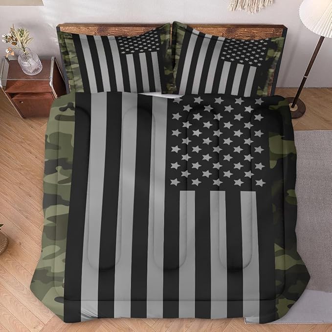 King Size Comforter Set with 2 Pillowcases, Black Military Camouflage American Flag Soft 3 Pcs Bedding for Kids and Adults Bedroom Bed Decor