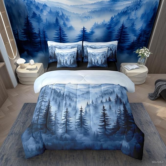 Erosebridal Boys Blue Forest King Comforter Set with Sheets 7 Piece,Rustic Woodland Pine Tree Bedding Set,Jungle Smoky Mountain Bed in A Bag for Kids Adults Men Retro Natural Landscape Bed Set