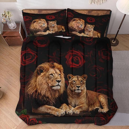 Full Size Comforter Set with 2 Pillowcases, Lion Family Soft 3 Pcs Bedding for Kids and Adults Bedroom Bed Decor