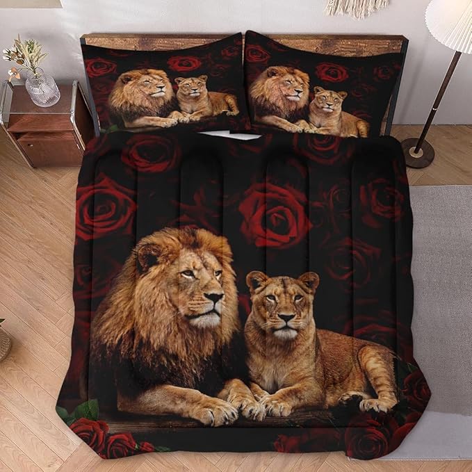 King Size Comforter Set with 2 Pillowcases, Lion Family Soft 3 Pcs Bedding for Kids and Adults Bedroom Bed Decor