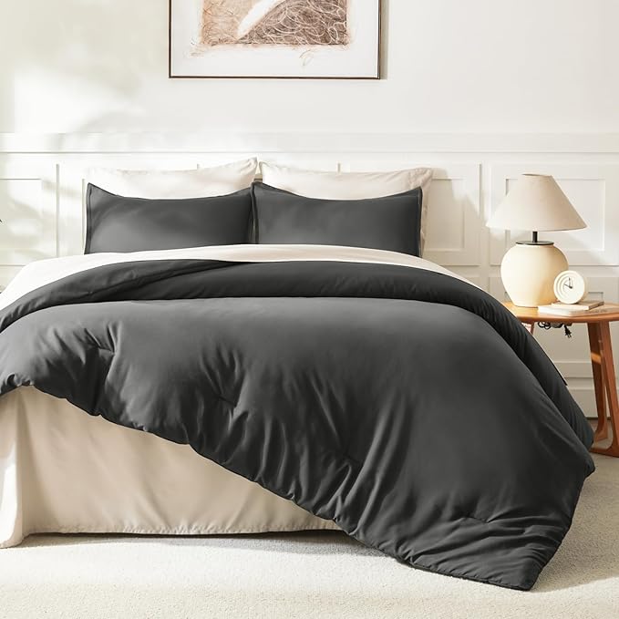 Litanika Dark Grey Oversized King Comforters Super King Plus Size, 3 Pieces Lightweight Solid Bedding Comforter Set, All Season Fluffy Bed Set (128x120In Comforter & 2 Pillowcases)