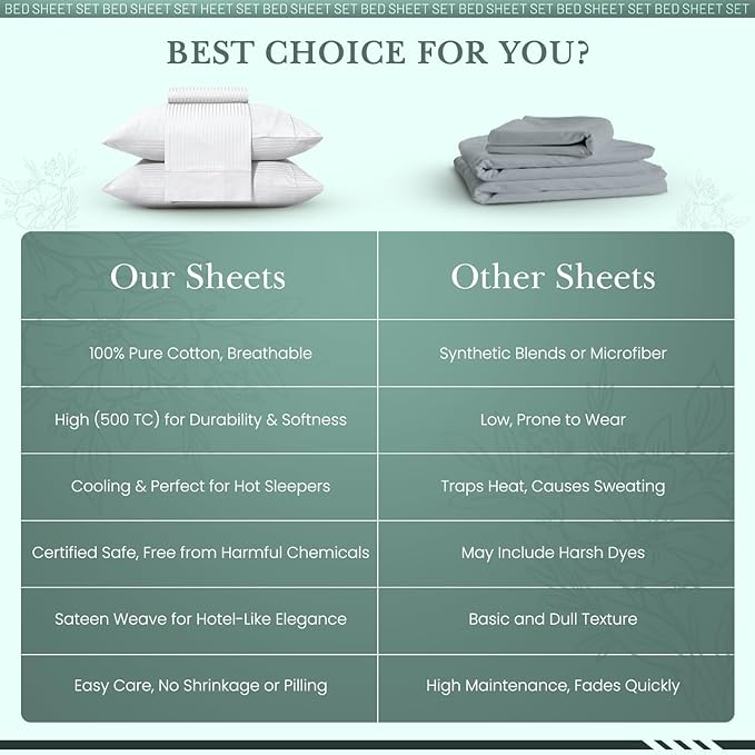 Feather & Stitch 500 TC King Size Damask Bed Sheet Set, 100% Cotton Soft Breathable Bedsheets, 4 Piece 18" Deep Pockets Sateen Weave Striped Bedding Mattress Resort Hotel Luxury- (White Stripe)