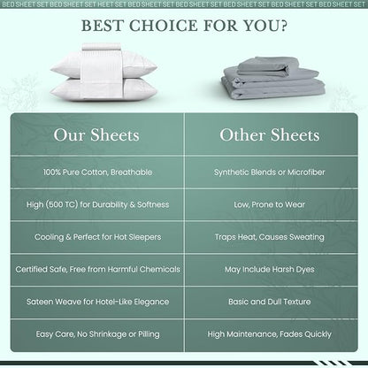 Feather & Stitch 500 TC King Size Damask Bed Sheet Set, 100% Cotton Soft Breathable Bedsheets, 4 Piece 18" Deep Pockets Sateen Weave Striped Bedding Mattress Resort Hotel Luxury- (White Stripe)